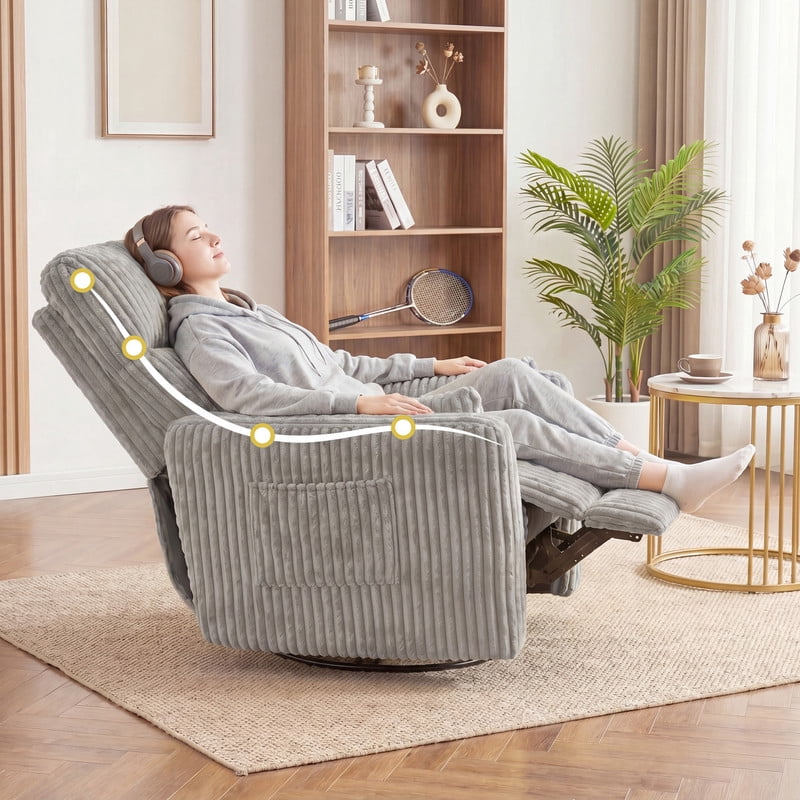 Furmax 360° Swivel Recliner Power Massage Rocker Chair Adult Glider Rocker with 2 Comfy Pillows for Nursery,Corduroy Gray