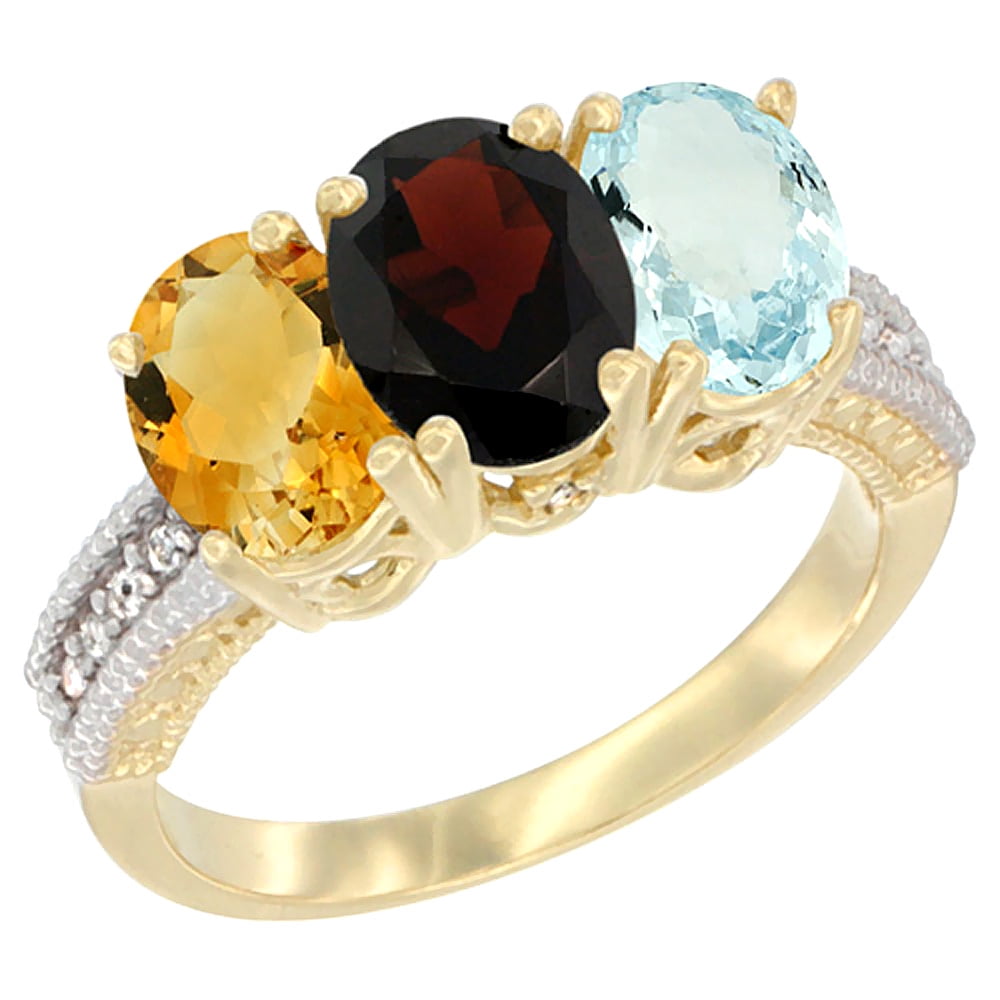 10K Yellow Gold Diamond Natural Citrine, Garnet & Aquamarine Ring 3-Stone 7x5 mm Oval, sizes 5 10 by WorldJewels
