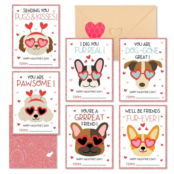 Valentines Cards for Kids Classroom - 48 Pack Dogs Valentines Day Class Exchange Cards with Envelopes & Heart Stickers