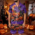 thumbnail image 4 of Leidass Mens Satin Pajama Set Halloween Print Short Sleeve Button Down Sleepwear Set with Shorts Pockets Loose Fit Loungewear Purple L, 4 of 5