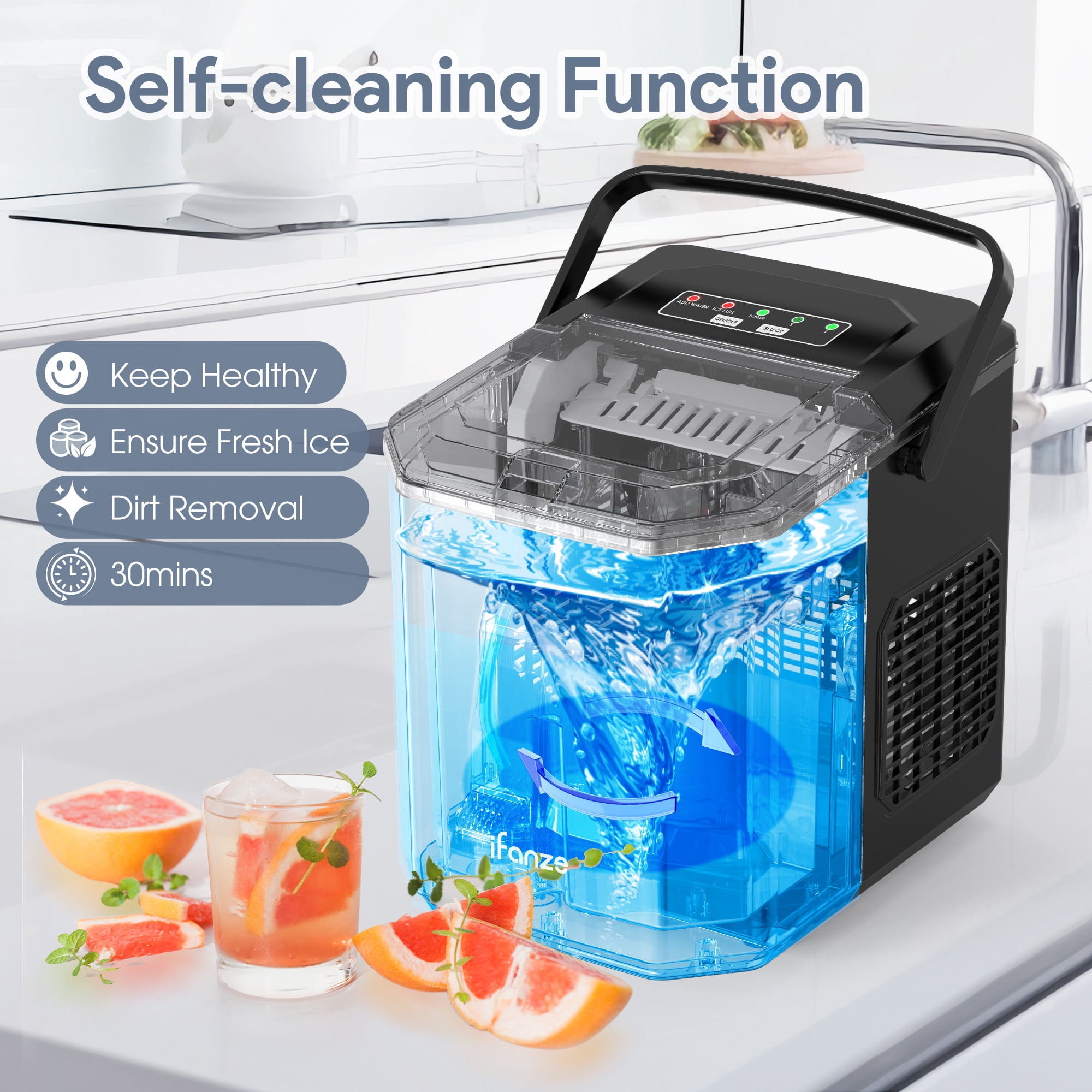 Qunler Countertop Ice Maker Machine, 26lbs/24H, 9 Bullet Ice Cubes in 6 Mins, Self-Cleaning, Basket with Handle, Stainless Steel
