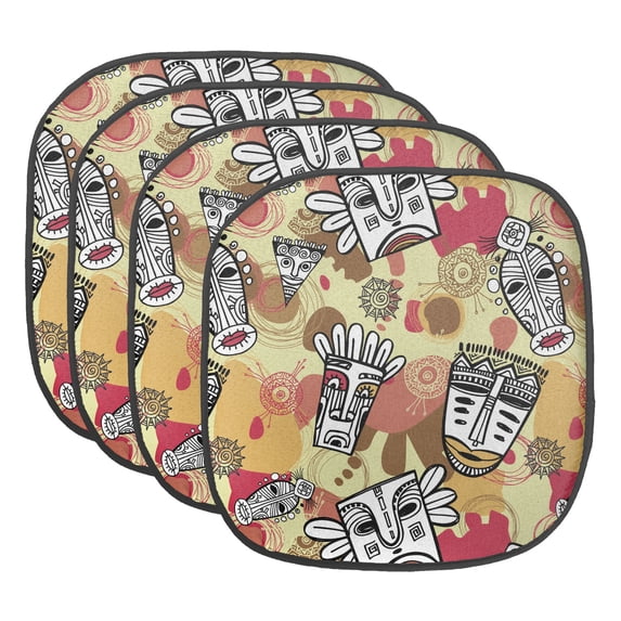 Prehistoric Chair Seating Cushion Set of 4, Cartoon Aboriginal Feathers Sun Art Illustration, Seat Pads for Office with Anti-slip Backing, 16"x16", Pale Khaki and Multicolor, by Ambesonne