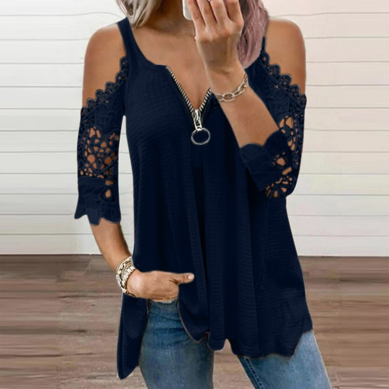 Cold Shoulder Plus Size Tunics Tops for Women, Sexy Lace Short Sleeve T  Shirts Summer Casual Top Blouses with Zipper