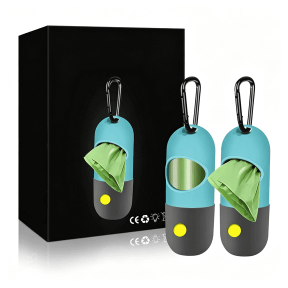 GASTROPOD 2 Pack Dog Poop Bag Dispenser with Built-In Led Flashlight, Pet Waste Bag Holder for Leash with Carabiner Clip for Lead Leash, 2 Rolls Leak-Proof Doggy Waste Bags for Dog Walking, Blue,