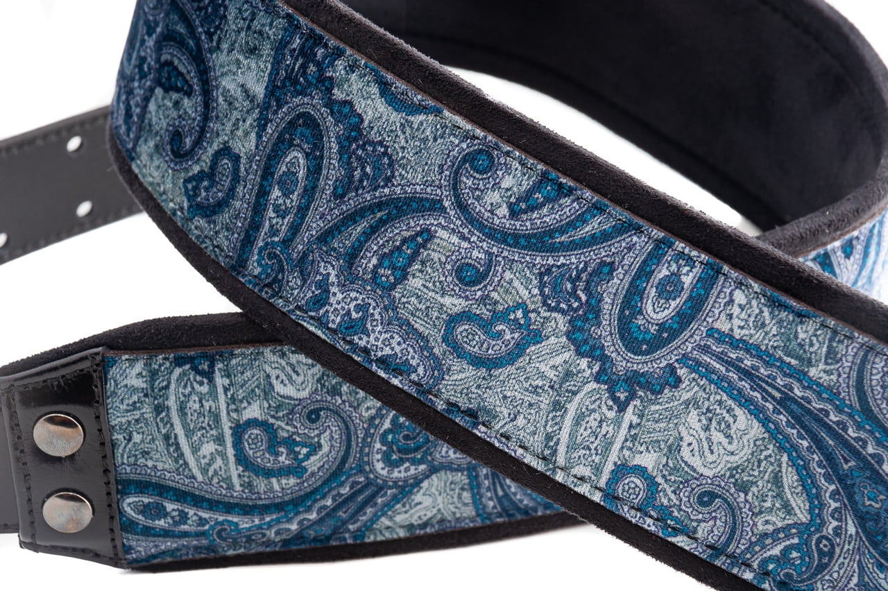 RightOn! Straps Paisley Velvet-70 Wide Genuine Leather Guitar Strap BLUE