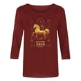 thumbnail image 4 of Uootdi Womens Tops 3/4 Sleeve Crewneck Year Of The Horse Print Festival Celebrations Family Dinners Tees Blouses Sweaters Gift, 4 of 5
