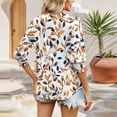 thumbnail image 5 of HOMBOM Blue Women T Shirts Fall 3/4 Sleeve V-Neck Vacation Puff Sleeve New arrivals Leaf Shirt, 5 of 6