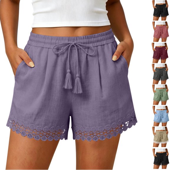 Tumotour Plus Size Summer Linen Shorts for Women'S Solid Lace Elastic Waist Drawstring Tassel Casual Summer Board Shorts Lightweight Wide-Leg Beach Shorts with Pockets