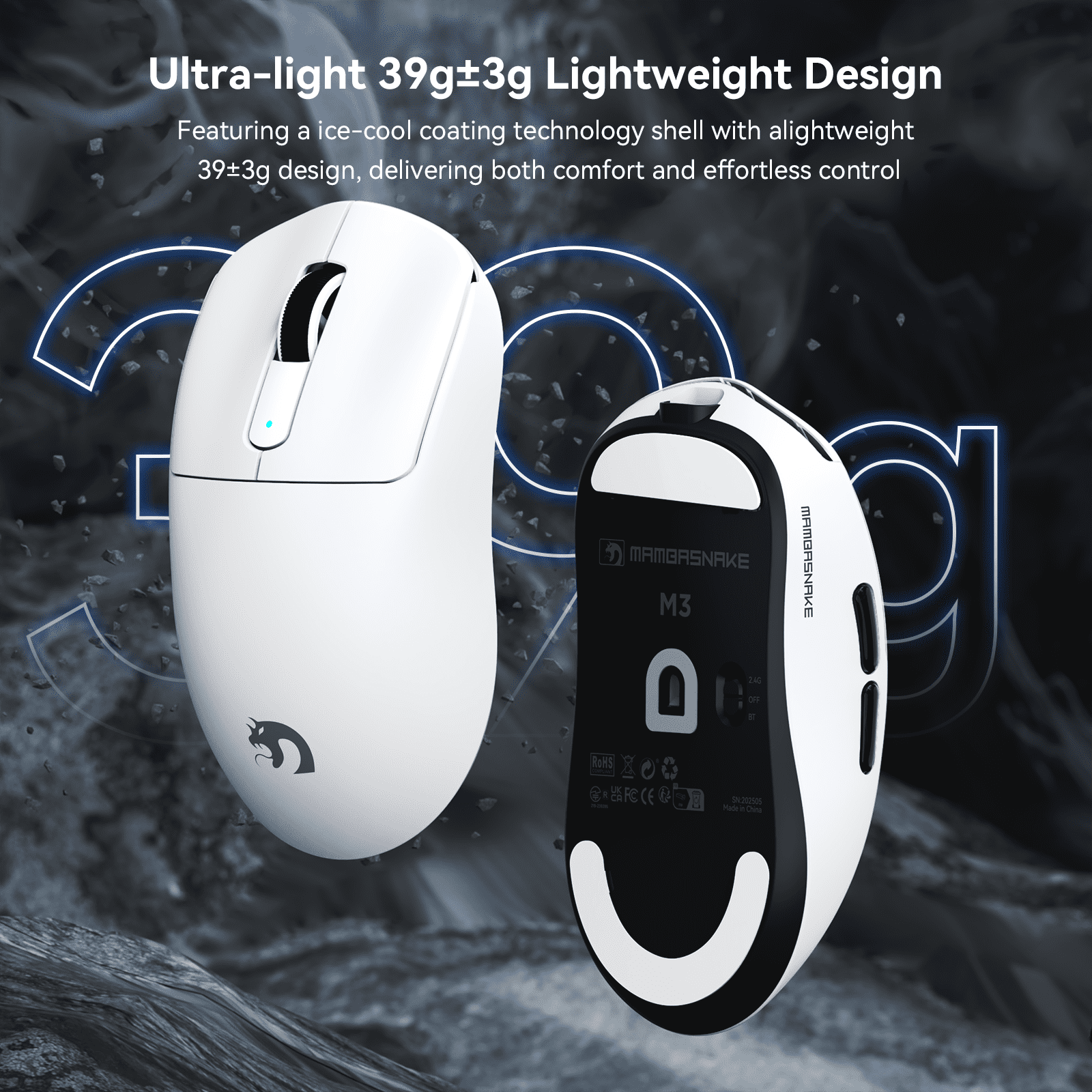 MAMBASNAKE M3 39g SUPERLIGHT Mouse, PixArt PAW3395PRO Gaming Sensor, BT/2.4G Wireless/Wired Gaming Mouse, 6 Adjustable DPI up to 40000, 200 Hrs Battery, Office Mice for Win11/Xbox/PS/Mac - White