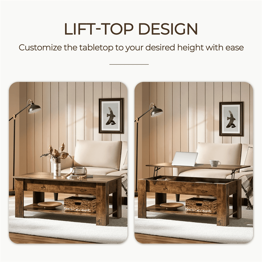 Renwick Modern Lift Top Coffee Table for Reception, Rustic Brown