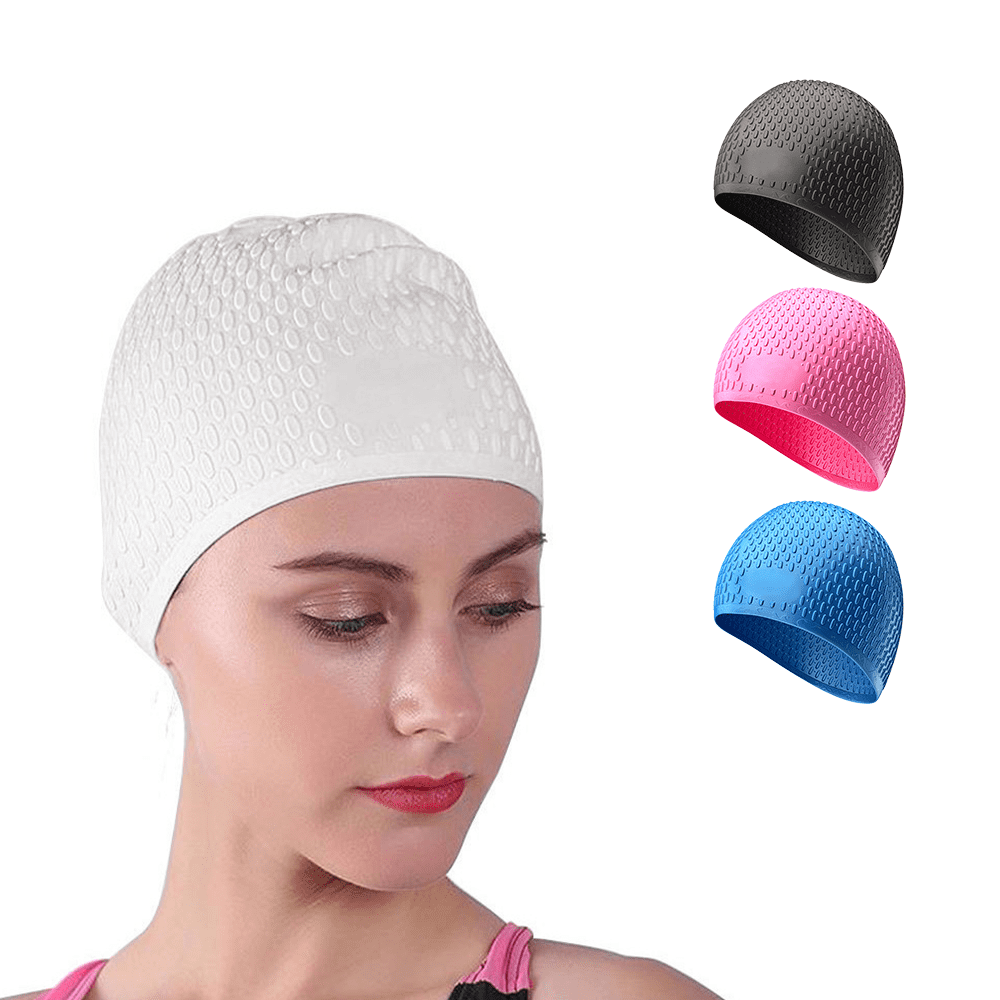 White Aqua safe Bubble Crepe Swim Cap Ladies with Chin Strap 