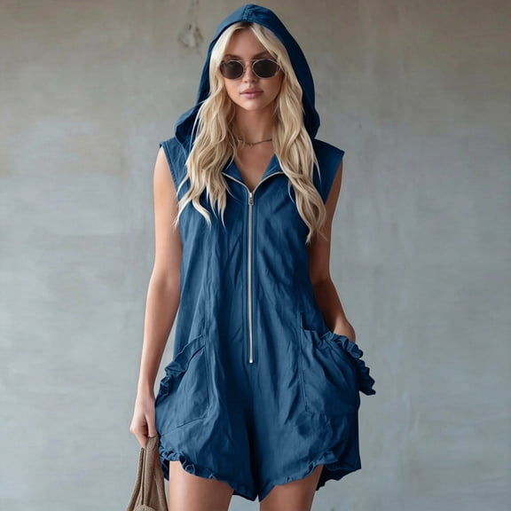 Ounisa Women's Solid Hooded Zip Sleeveless Short Jumpsuit Romper Soft Breathable Lightweight Casual Summer Cover Up
