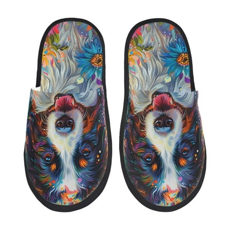 Balery Oil Painting Sunflower Puppy Slient Indoor Furry Fleece Comfort House Shoes Soft Non-Slip Home Shoes Cotton slippers House Slippers-- Large
