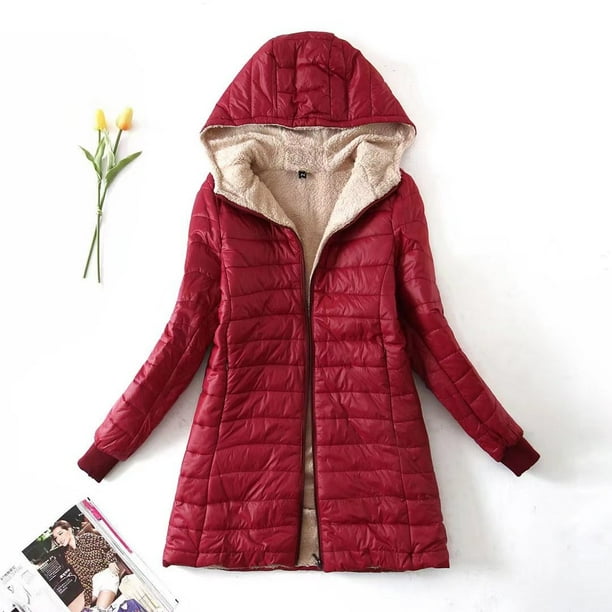 Chaqueta de algodón con capucha, cálida, de largo medio y polar de cordero para mujer, chaqueta de algodón de talla grande