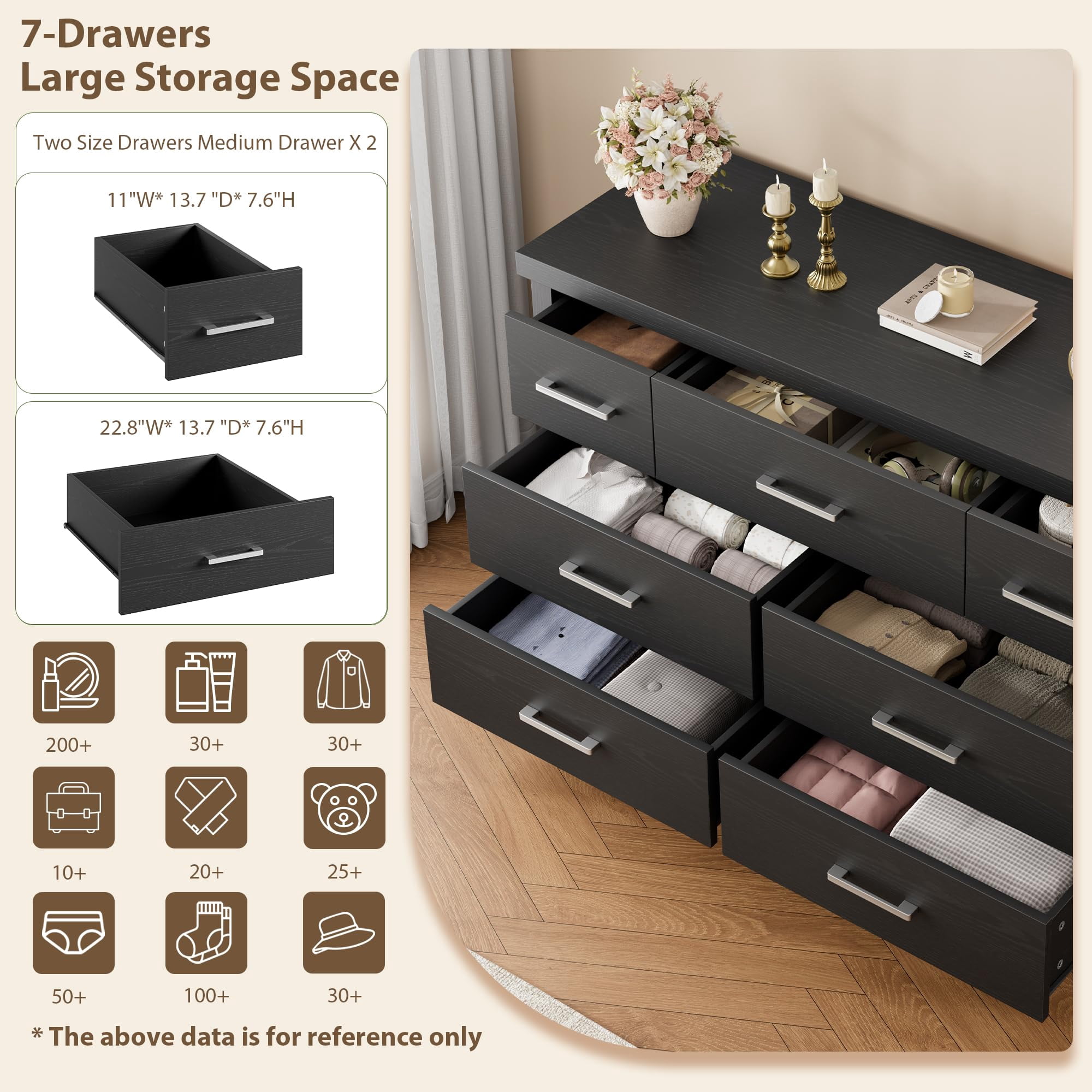 Kicctian 7 Drawer Dresser for Bedroom, 51" Wide Modern Wood Chest of Drawers, Wooden Closet Organizer with Metal Handles, Bedroom Living Room,Black