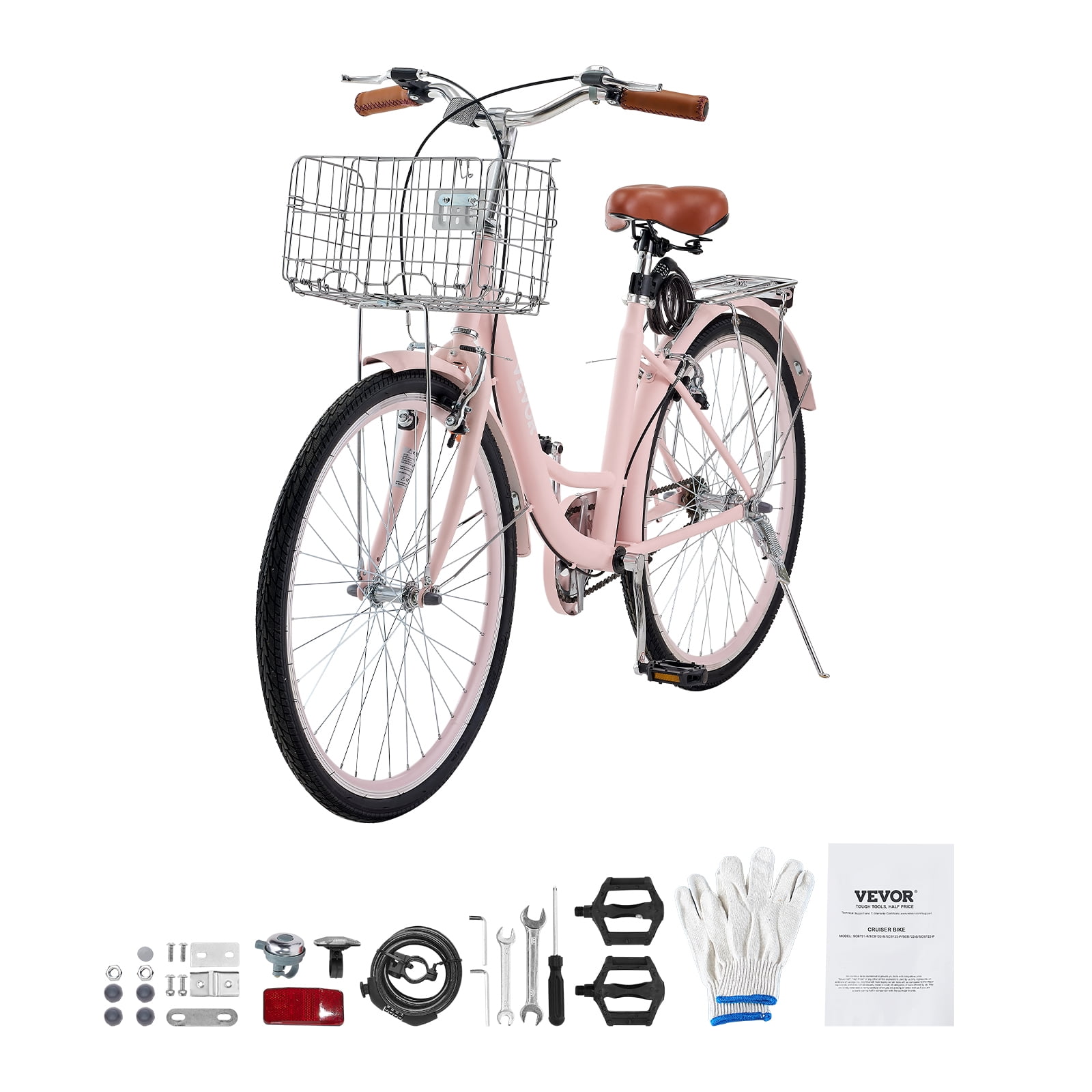 VEVOR Cruiser Bike, 1-Speed, 26-Inch Pink Beach Cruiser Bike with Large Capacity Basket and Rear Rack, Secure & Sturdy Cruiser Bike with Adjustable Seat, Fits for Cycling, Exercise & Shopping