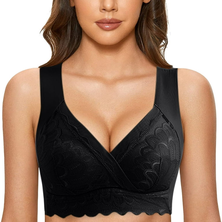 CAICJ98 Womens Lingerie Support Wireless Bra, Lace Bra with Stay-in-Place  Straps, Full-Coverage Wirefree Bra, Tagless for Everyday Wear Black,XL