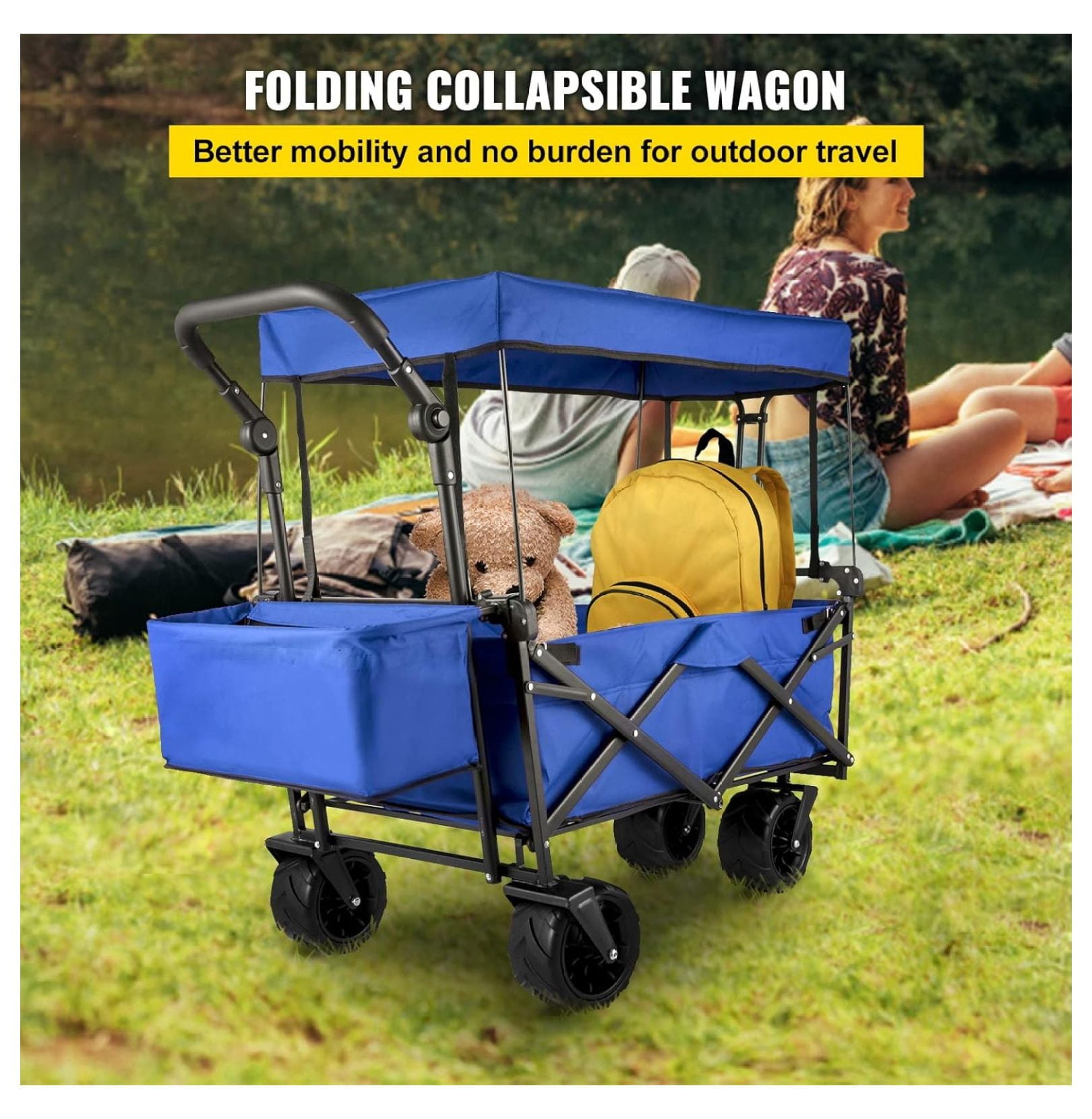 Collapsible Wagon with Canopy, 220lbs Foldable Wagon, Beach Wagon Cart with Big Wheels and Canopy with Adjustable Push Pulling Handles