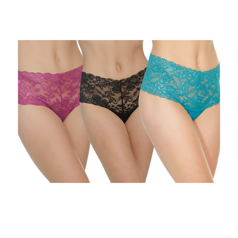 Womens Lace High Waisted Thongs- Wide Waistband Panty Underwear Pack of 3  Multi OS