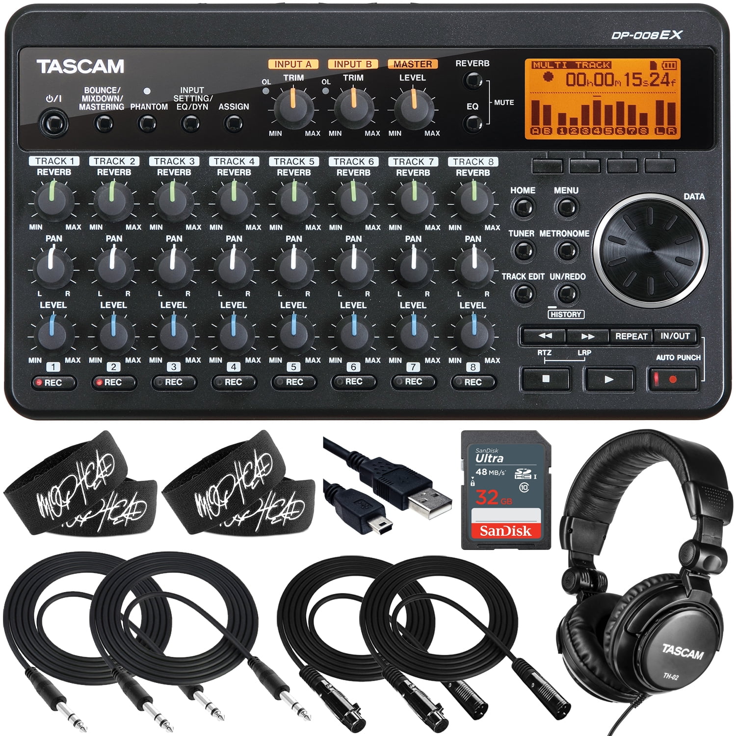 TASCAM DP-008EX Compact 8-Track Digital Pocketstudio Multitrack Recorder  Bundle with 32GB Ultra Memory Card, TH-02 Headphones, 2x 10-Foot TRS Cable,  2x 10-Foot XLR Cable and 4x Cable Ties - Walmart.com