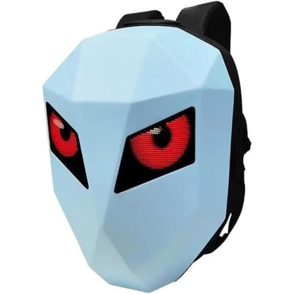 Smart LED Waterproof Motorcycle Backpack – Black Geometric Hard Shell and App-Controlled LED Display (Light Blue)