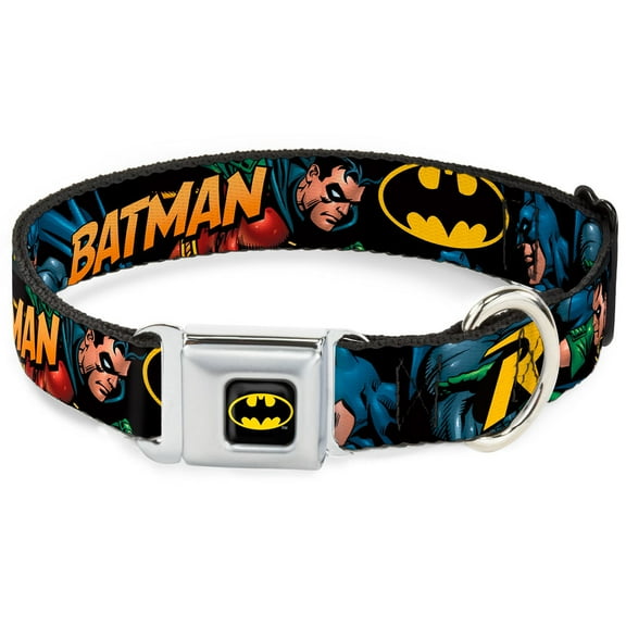 DC Comics Pet Collar, Dog Collar Metal Seatbelt Buckle, Batman Robin In Action Text Black, 9.5 to 13 Inches 1.0 Inch Wide