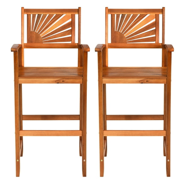Topbuy Acacia Wood Outdoor Bar Stools with Footrest and Backrest - Set of 2, Reddish Brown