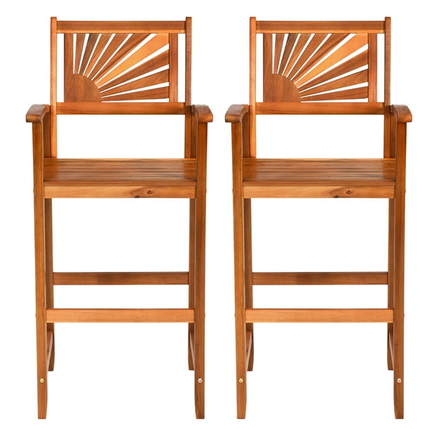 Topbuy Set of 2 Acacia Wood Outdoor Patio Bar Stool with Footrest
