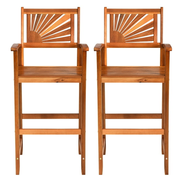 Topbuy Set of 2 Acacia Wood Outdoor Patio Bar Stool with Footrest&Backrest&Armrest
