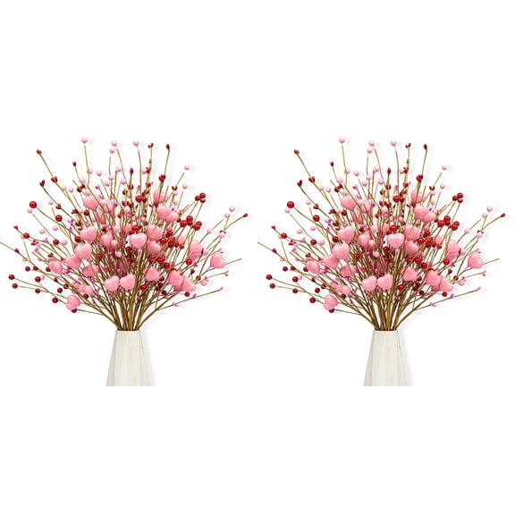 2 Bunch Artificial Pink Heart Shaped Berry Branches, Valentine's Day Flowers Berry Stems for Valentines Day Party, Wedding, Anniversary Table Decoration