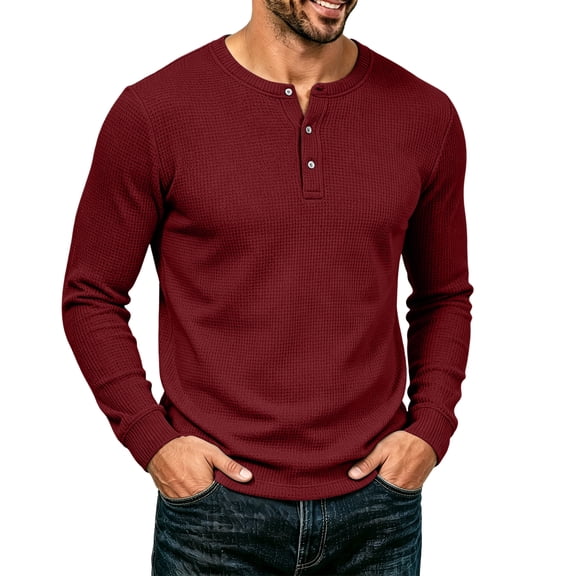 Oazcsf Thermal Long Sleeve for Men Waffle Knit Warm Pullover Top Crew Neck Button Up Cotton Underwear Winter Basic Big and Tall Men's Top