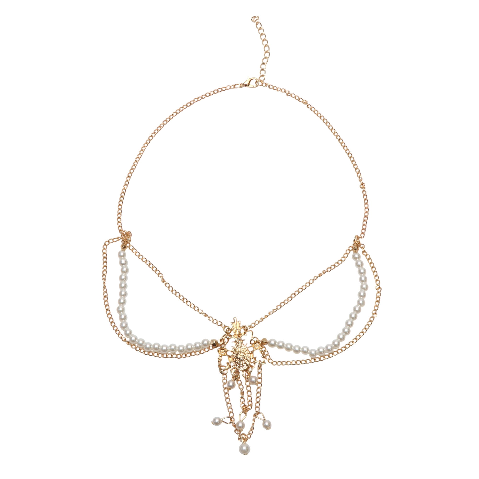 Unique Bargains Headpiece Vintage Rhinestone Faux Pearls Head Chain Gold Tone 1 Pc