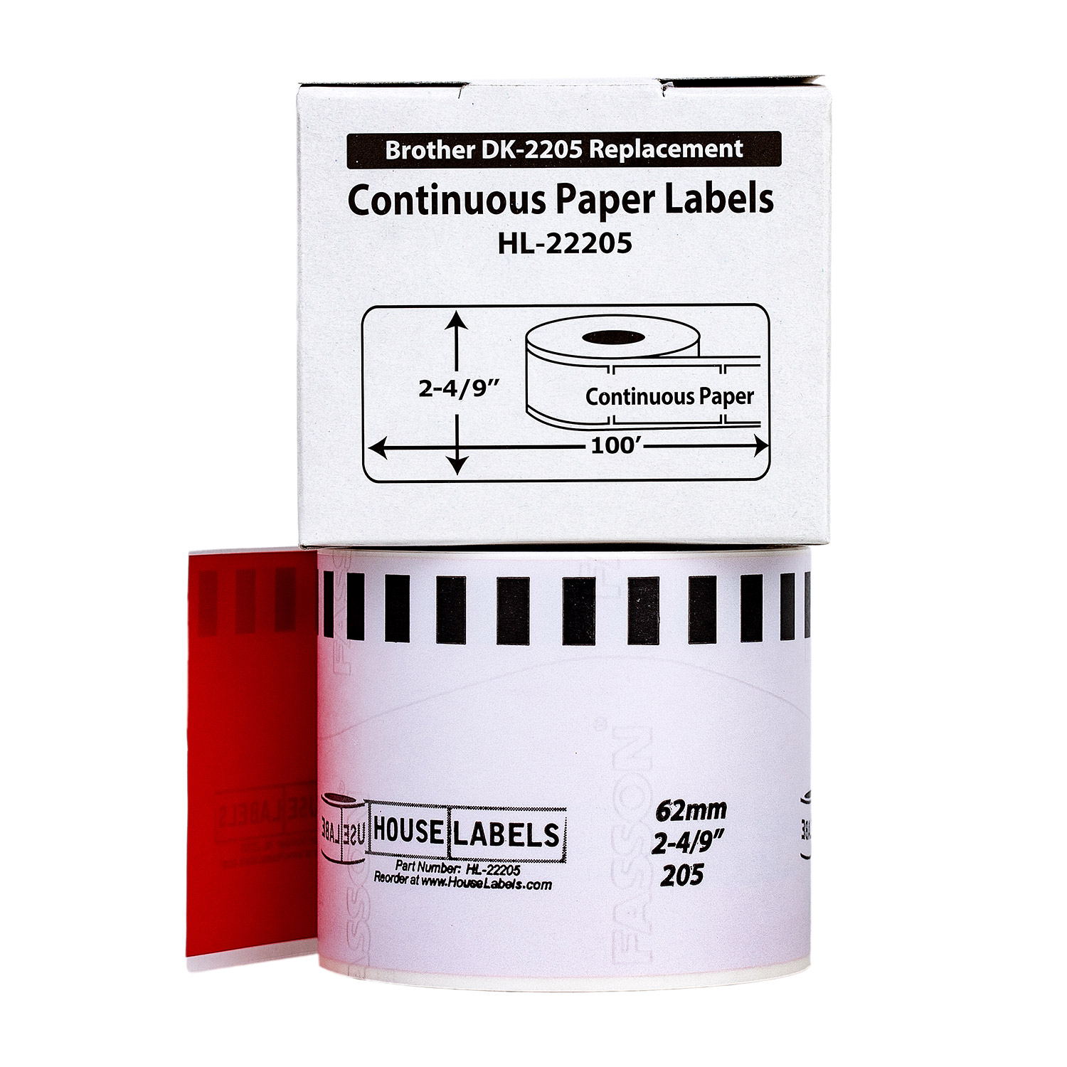 HOUSELABELS Compatible with DK-2205 Replacement Roll for Brother QL Label Printers; RED Continuous Length Labels; 2-4/9" x 100 feet (62mm*30.48m) - 6 Rolls