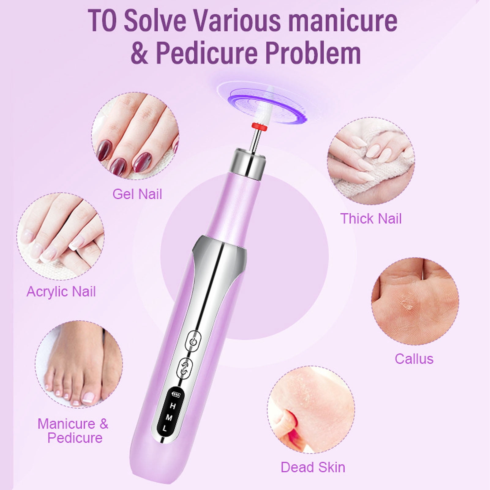Xirurus Portable Electric Nail Drill Machine Kit 0-15000rpm Rechargeable Nail File Set Grinder for Home Salon Acrylic Gel Nails Manicure Pedicure Tools (6.7 inches / 17 cm), Purple