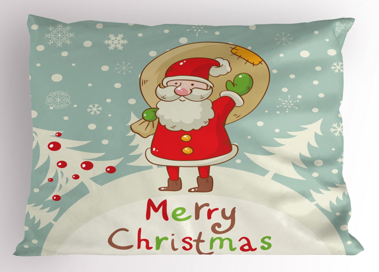 Santa Pillow Sham Merry Christmas Theme Cute Santa with a Sack of