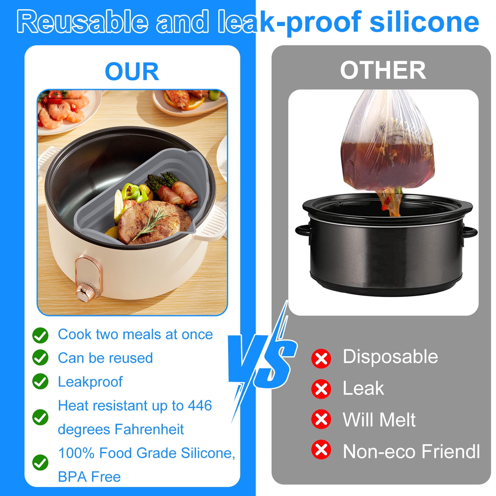Silicone Slow Cooker Divider Liner fit 6 QT Crockpot & Hamilton Beach,  Reusable/Heat-resistant/Leakproof/Portable Crock Pot Liners, BPA Free