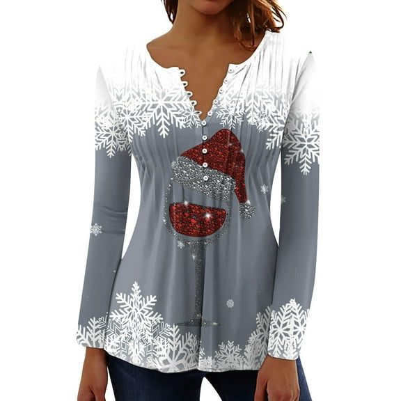 Babysbule Christmas Shirts for Women Fashionable Printed V-neck Long Sleeved Button Top Clearance Tops Fashion