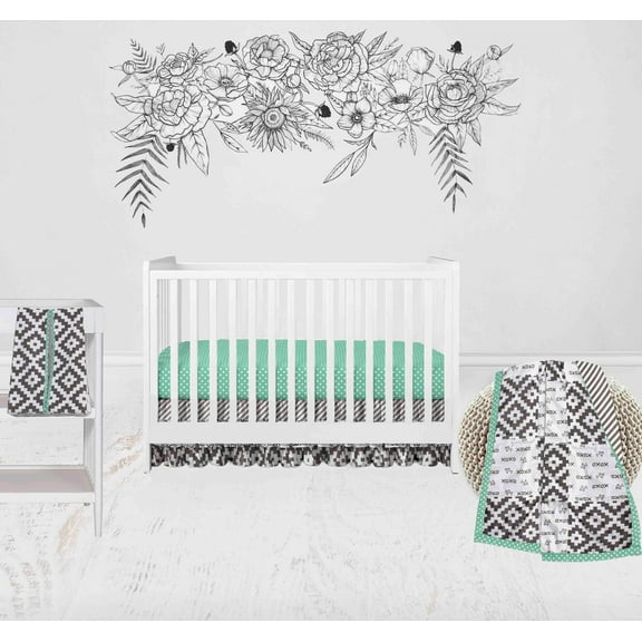Bacati - Love Aztec 4-Piece Crib Bedding Set with Diaper Stacker - Grey/Mint Unisex