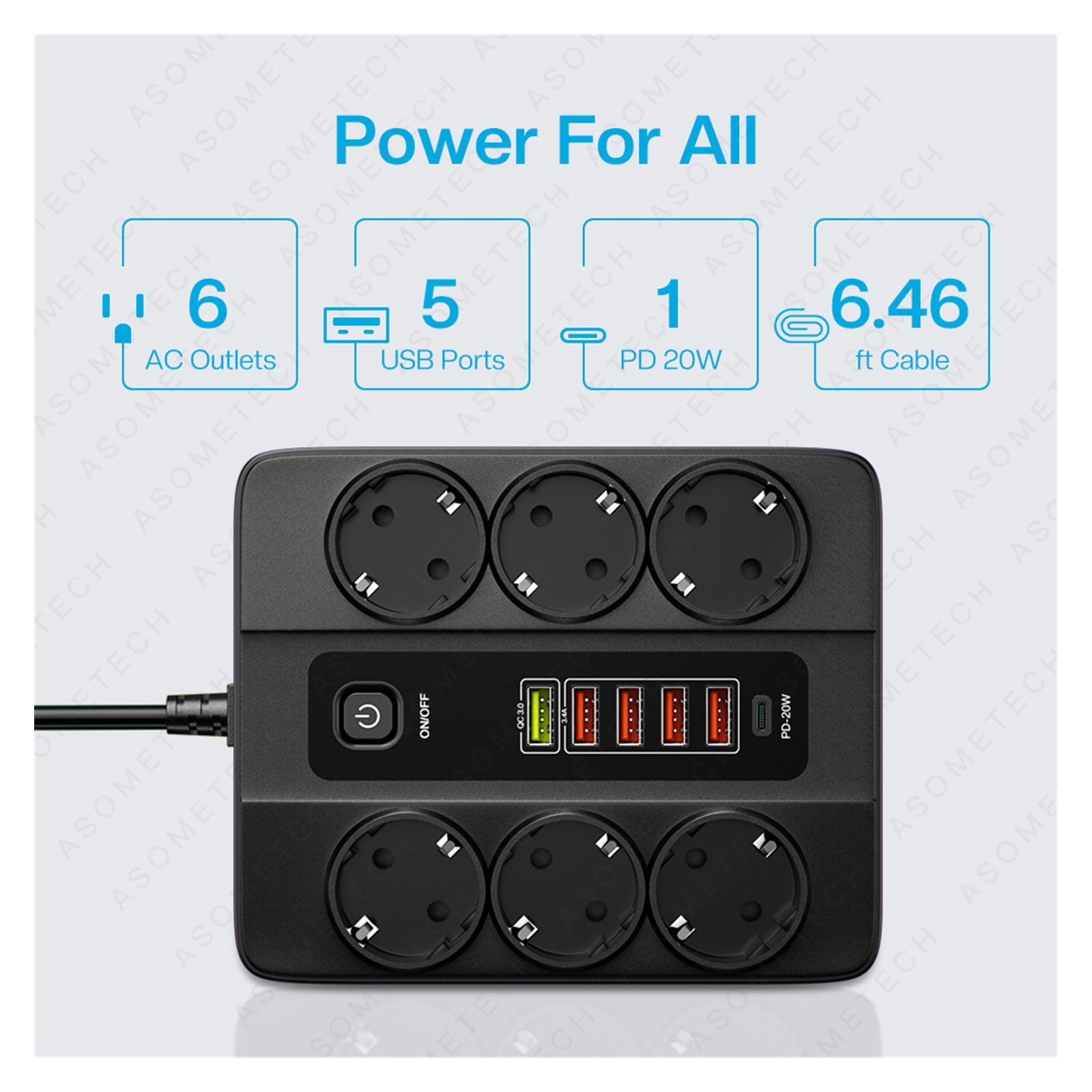 3000W 6 AC Outlets Power Strip 6 USB Charging Station Extension Cord 2M PD 20W QC3.0 USB Port Multi Outlet Charger Power Socket ,Space-Saving