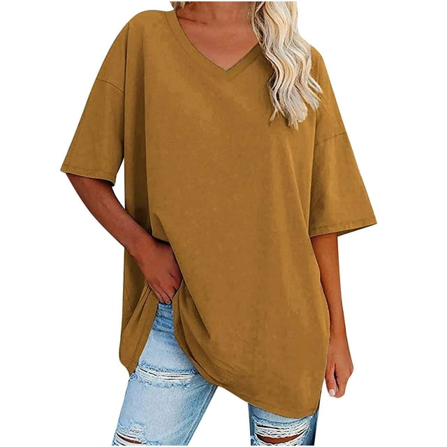 Plebaso T-Shirts Oversize pour Femmes Col en V Manches Mi-Longues Tee-Shirts Décontractés Confortables Tops Amples pour Femmes