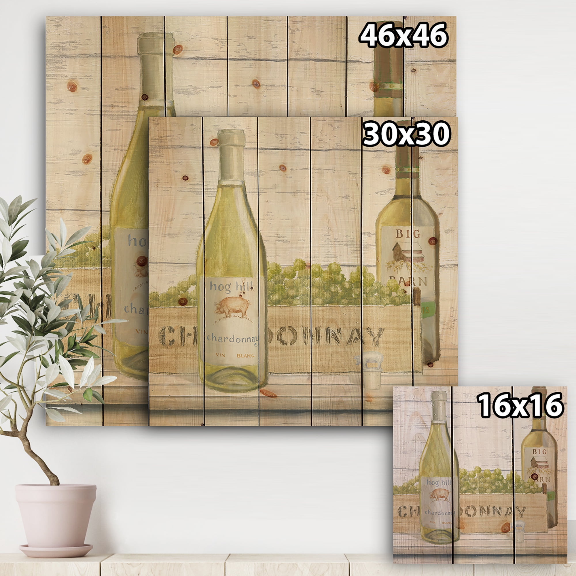 Designart 'Chardonnay White Wine Bottles' Food and Beverage Print on Natural Pine Wood