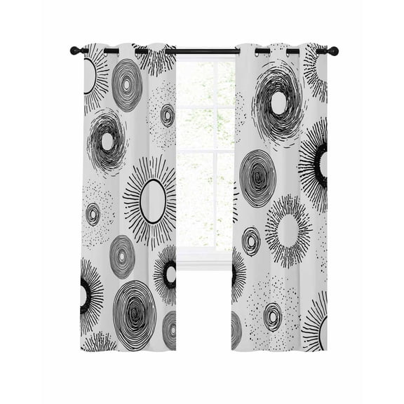 Geometric Black Blackout Curtains, Light Blocking Print Window Curtains, Abstract Grey White Boho Circle Dot Thermal Insulated Window Drapes for Living Room Kitchen Cafe 2 Panels, 104"W x 52"L
