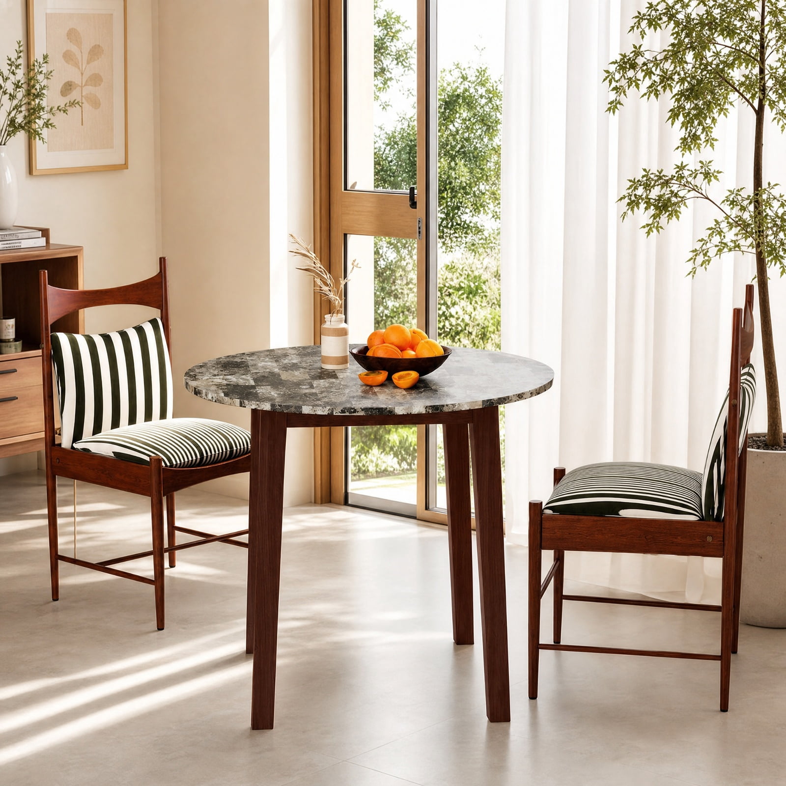 Furnibear 35 Inch Round Dining Table for 4 with Rubber Wood Legs and Marble Textured Veneer Top for Kitchen and Dining Room, Brown