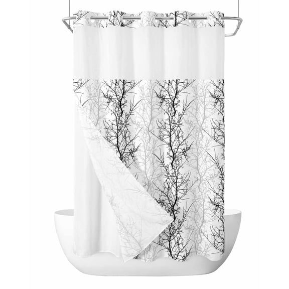 No Hook Shower Curtains with Snap-in Liner Set, Black Grey Waterproof Hotel Style Bathroom Shower Curtain, Pastoral Botanical Branch Aesthetics Breathable Mesh Top Window Bath Curtains 54''x78''