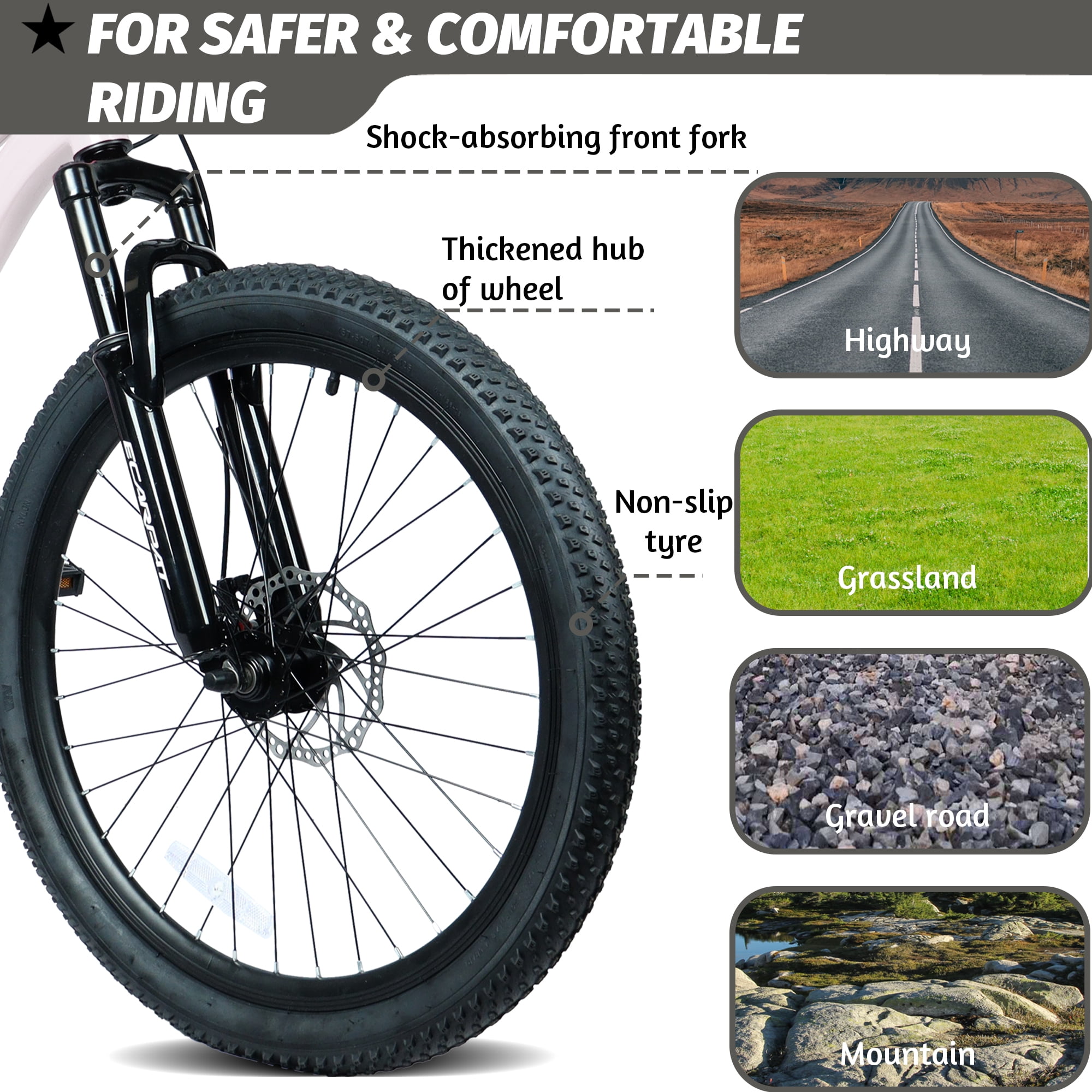 24 Inch  Mountain Bike with 7 Speeds & Front Suspension Durable Steel Frame, Alloy Rims & Disc Brakes For Men and Women in White Colors