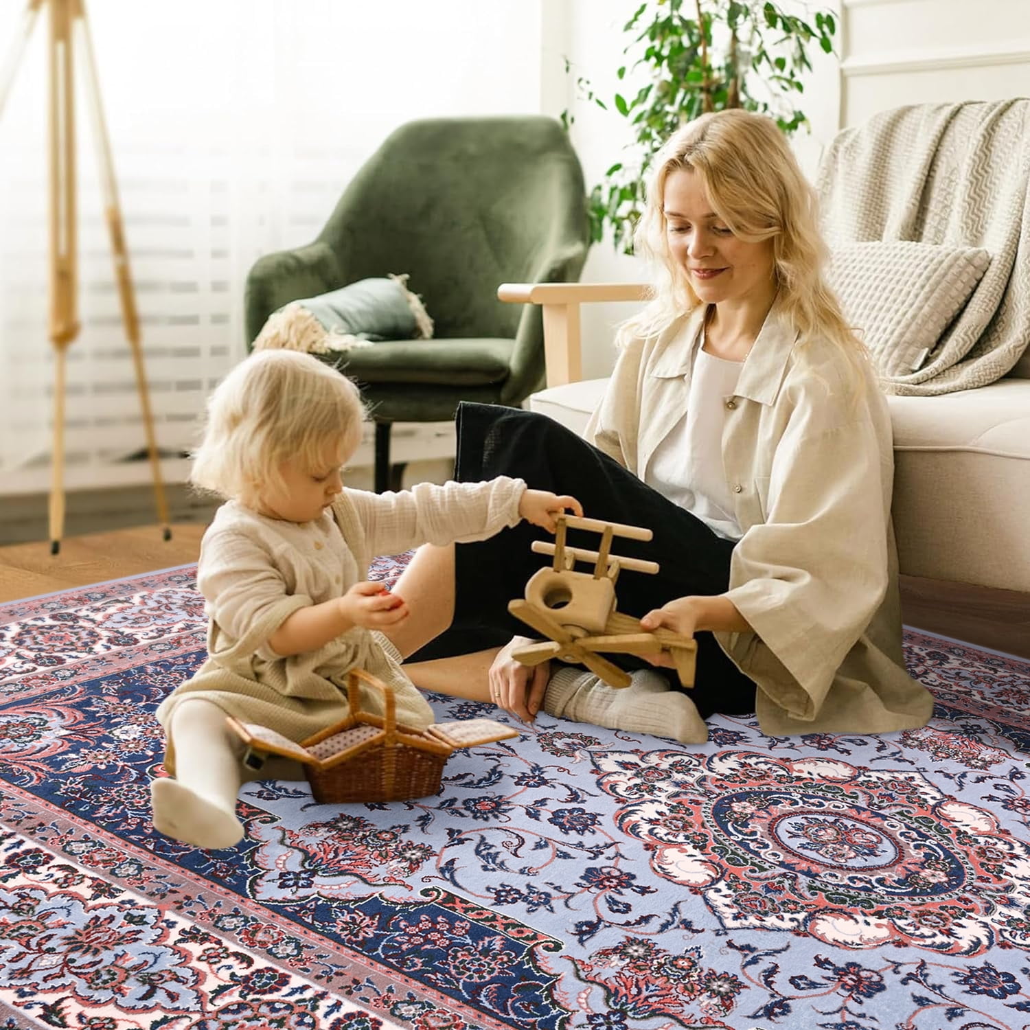 Lochas Vintage Accent Rugs Distressed Print Area Rug Low Pile Carpet for Living Room Bedroom Home Decor,Blue,4'x6'