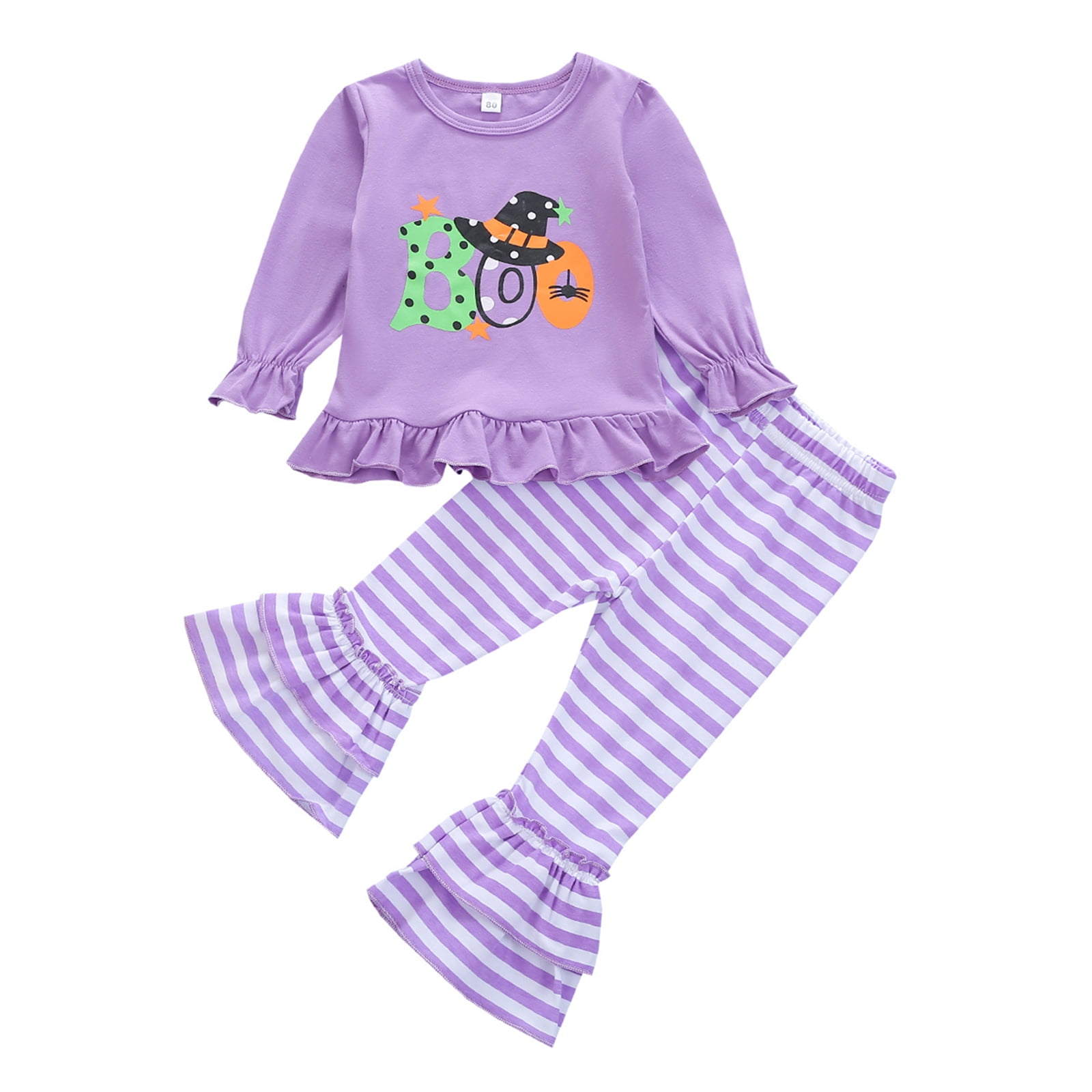kaiCran Baby Boys Girls Short Sleeve Halloween Letter Cartoon Printed Tops Striped Pants Halloween Clothes Outfits Set
