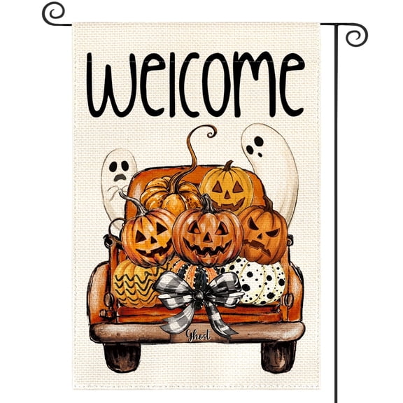 Sm:)e Welcome Truck Ghost Pumpkin Halloween Garden Flag 12 x 18 Inch, Double-Sided Printing, Outdoor Welcome Decor for Yards