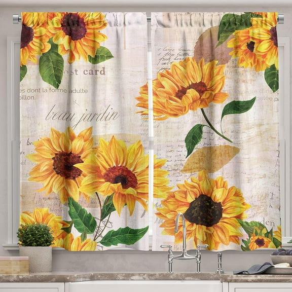 Sunflower Kitchen Curtains, Romantic Flowers on Old Fashioned Letters Postcards Newspapers, Window Drapes 2 Panel Set for Kitchen Cafe Decor, 55" X 39", Fern Green