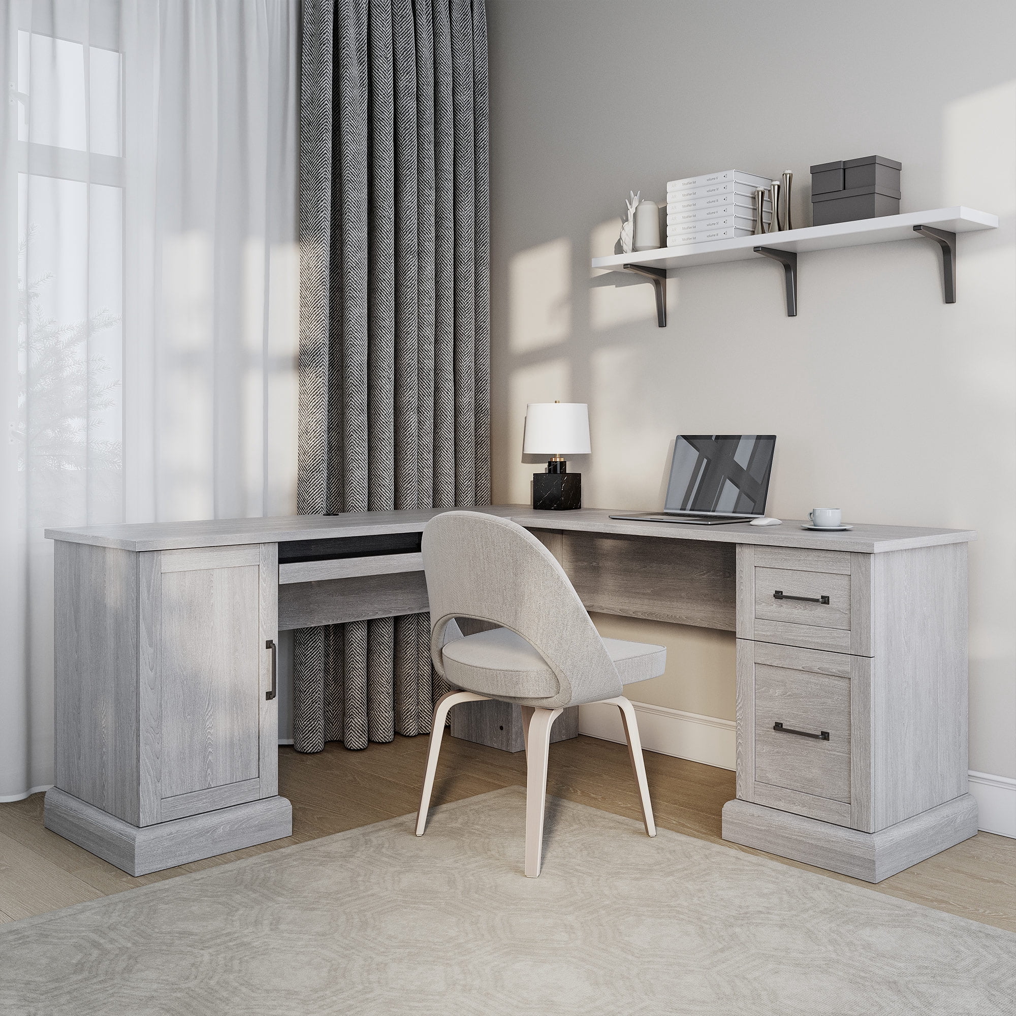 BELLEZE Modern Corner L-Shaped Home Office Computer Laptop Desk or Writing Study Workstation with Keyboard Tray, Two Drawers and Cabinet - Barlow (Stone Gray)